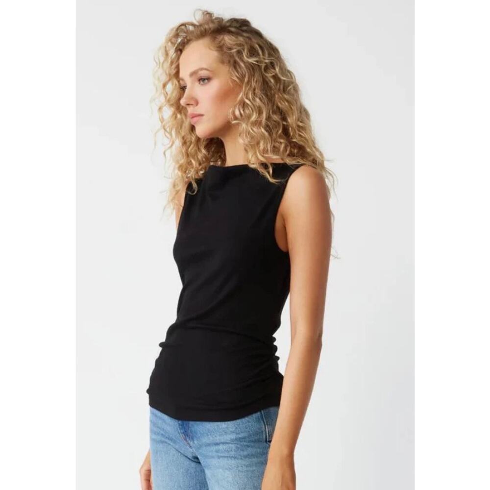 Michael Stars Coco Ruched Boat Neck Tank Top Black NWT Size M